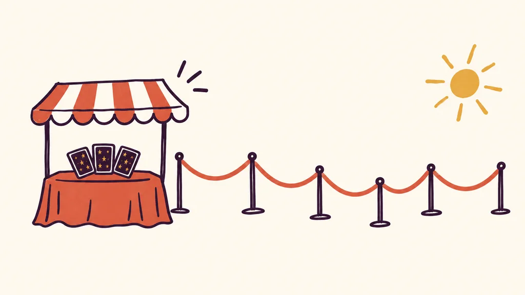 Hand-drawn plum ink drawing of a striped booth with three tarot cards on its table, a velvet rope queue running out from it and a gold sun overhead